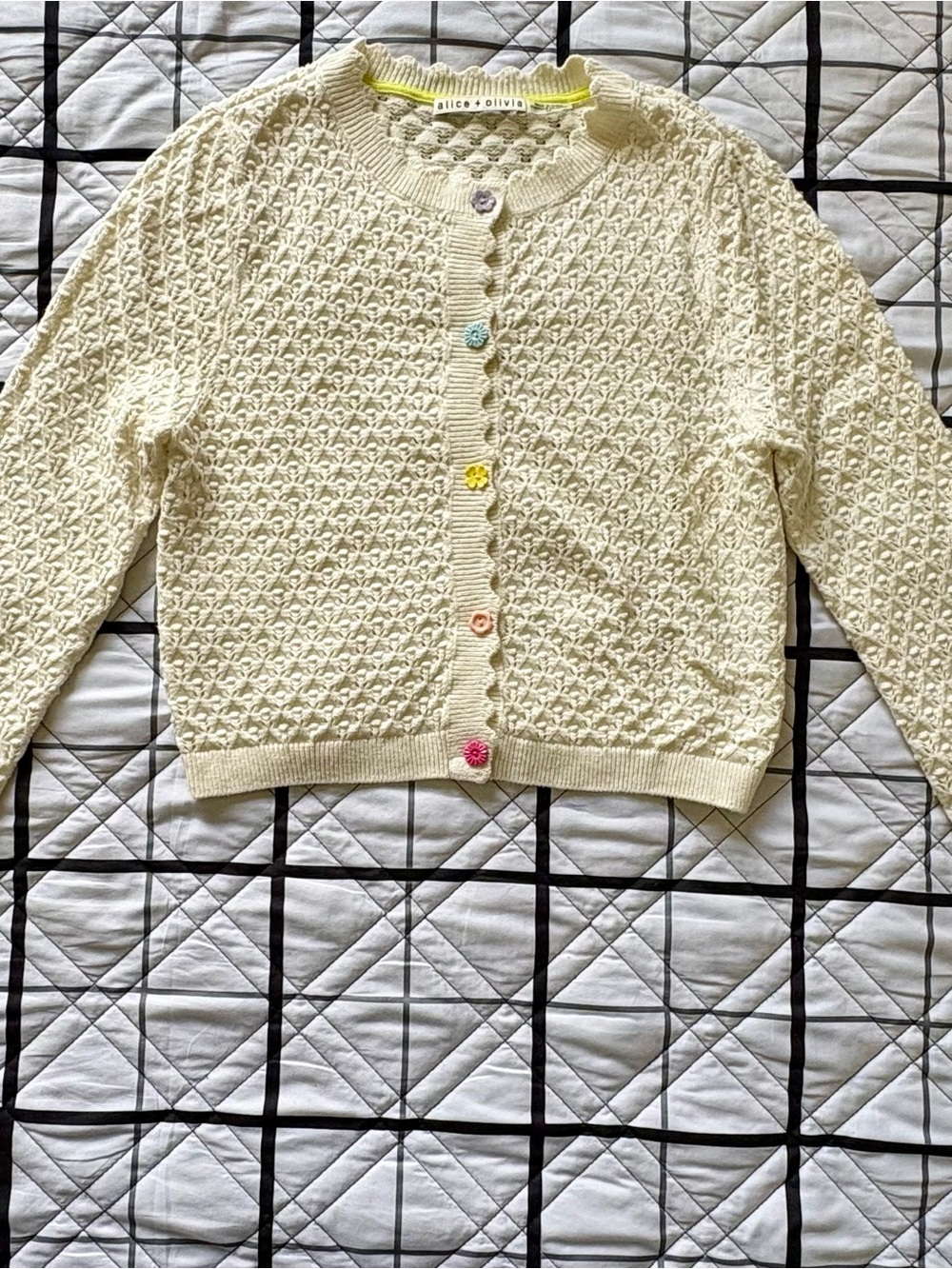 Alice + Olivia Cream Textured Knit Cardigan with Multicolor Flower Buttons